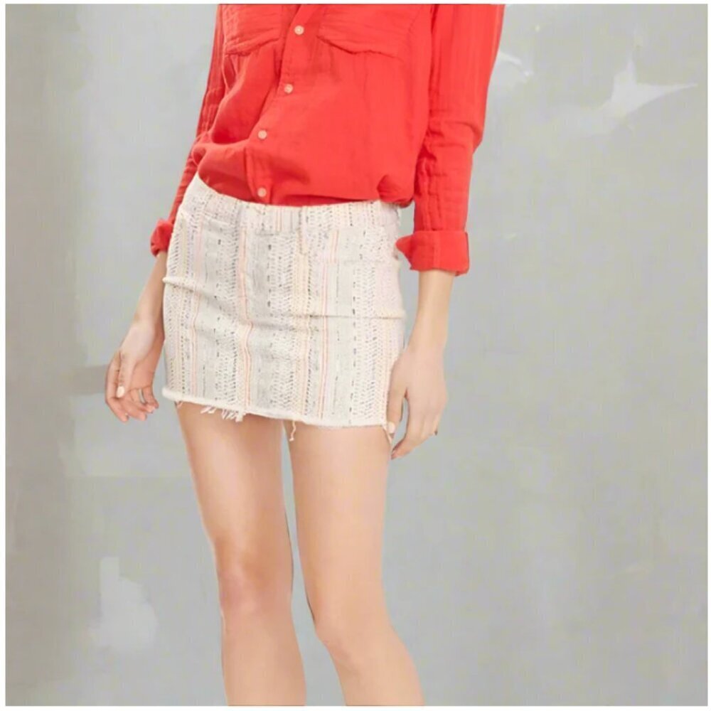 Mother Mini Skirt 27 Straight Frayed Hem Striped Cotton Stretch Cotton Mandarin